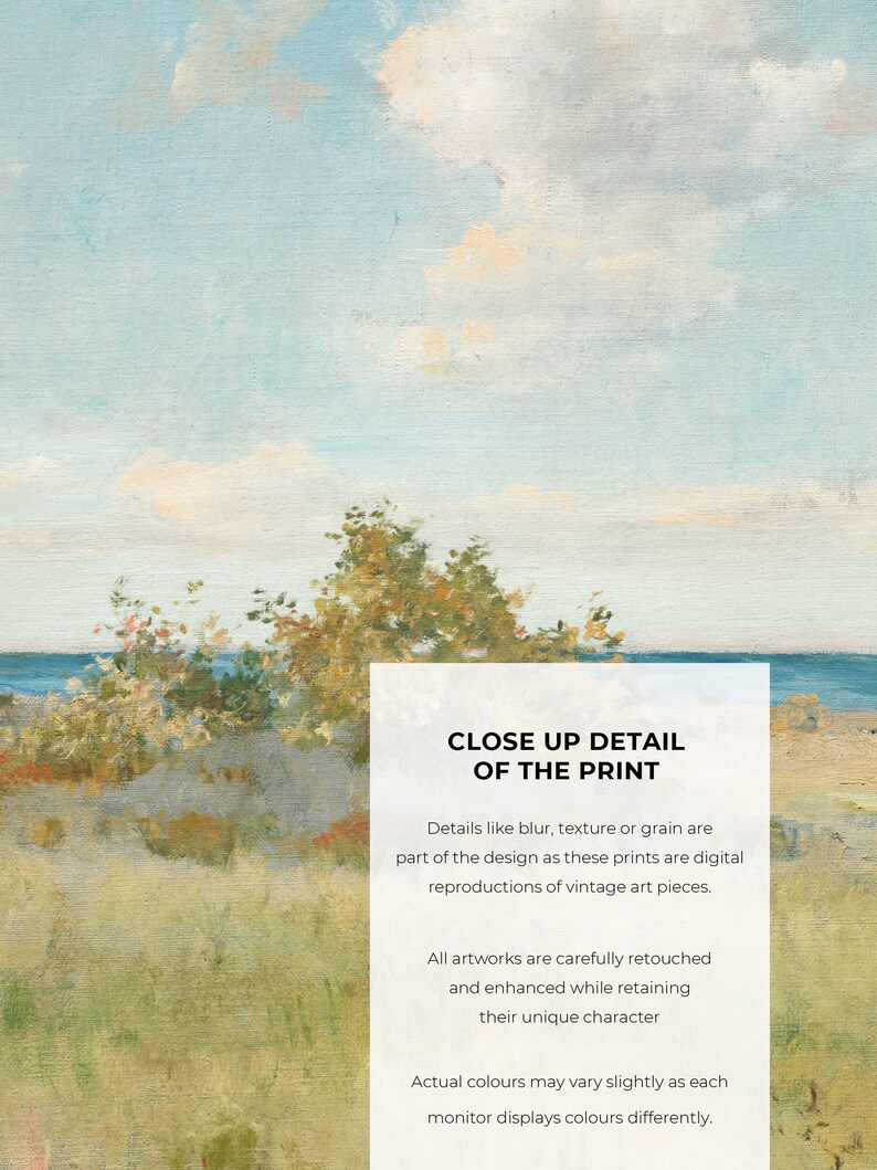 May include: A digital reproduction of a vintage painting depicting a seascape with a blue sky, white clouds, green trees, and a body of water. The image includes text that reads "Close Up Detail of the Print". Details like blur, texture, or grain are part of the design as these prints are digital reproductions of vintage art pieces. All artworks are carefully retouched and enhanced while retaining their unique character. Actual colors may vary slightly as each monitor displays colors differently.