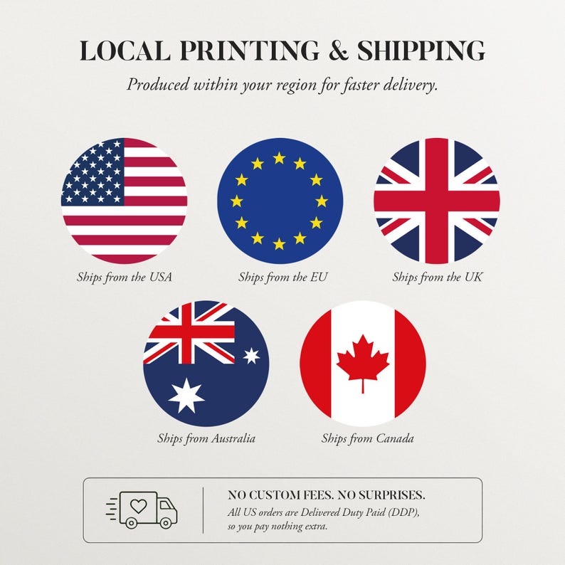 Local Printing and Shipping Information showing flags of the USA, European Union, United Kingdom, Australia, and Canada. The design explains regional production, faster delivery, and international shipping information for wall art orders. US orders ship Delivered Duty Paid (DDP), no customs fees or import charges on delivery.