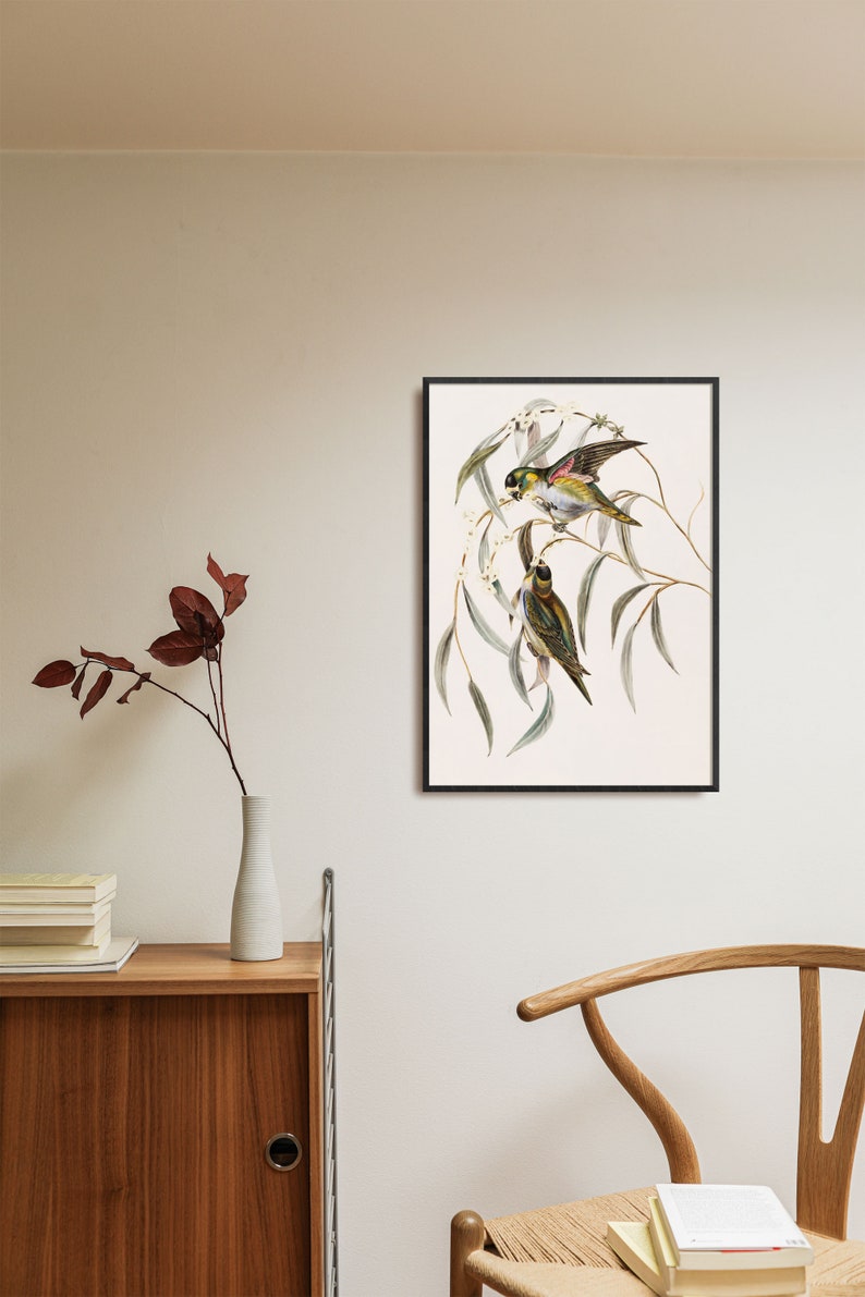 May include: A framed illustration of two birds perched on a branch of a tree with white flowers. The birds are green, yellow, and brown with black eyes. The background is white.