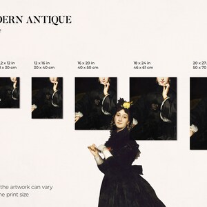 May include: A print size guide for a painting of a woman in a black dress with a yellow flower in her hair. The guide shows different print sizes in inches and centimeters.