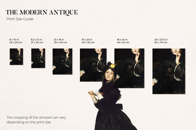 May include: A print size guide for a painting of a woman in a black dress with a yellow flower in her hair. The guide shows different print sizes in inches and centimeters.