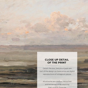 May include: A digital reproduction of a vintage landscape painting. The painting depicts a hazy, soft-colored sky with a distant horizon. The sky is a pale pink and orange, with hints of blue and green. The horizon is a dark green and brown, with a few trees visible in the distance. The painting is framed in a white border.