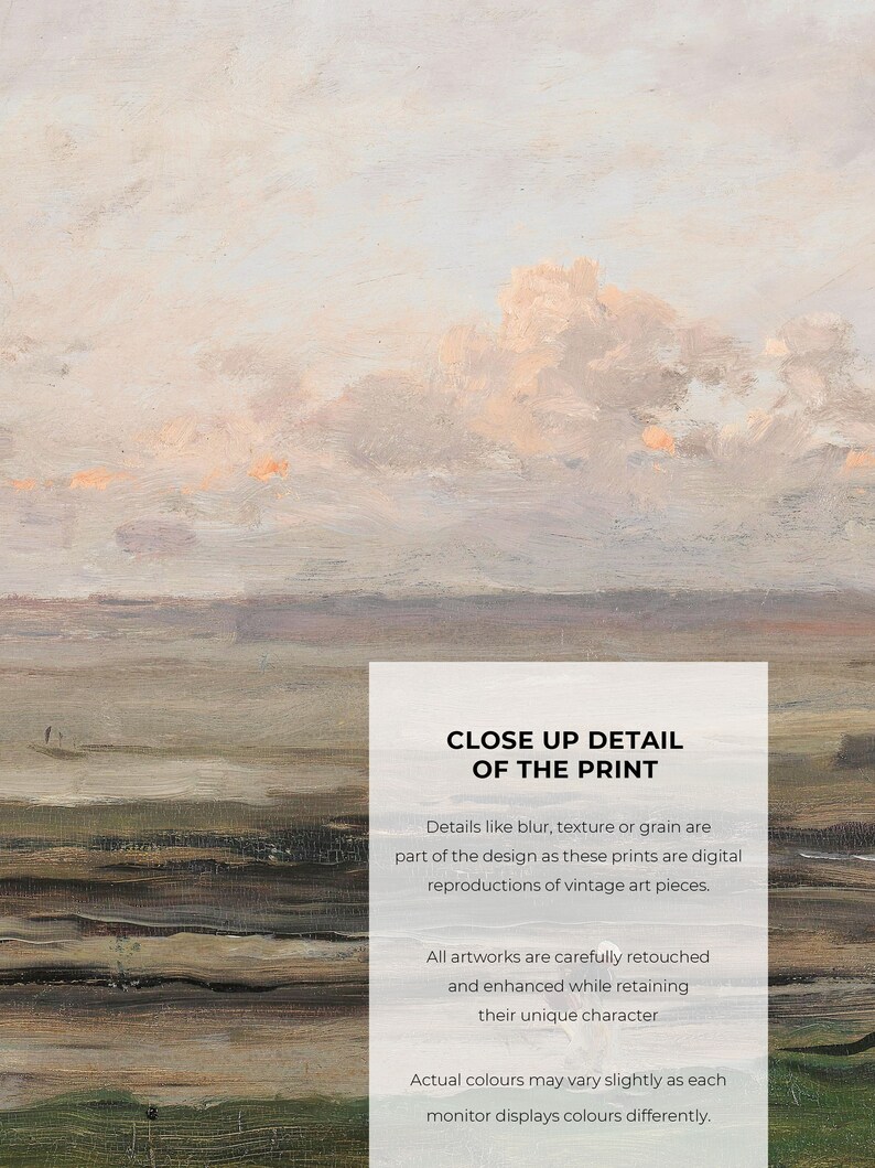 May include: A digital reproduction of a vintage landscape painting. The painting depicts a hazy, soft-colored sky with a distant horizon. The sky is a pale pink and orange, with hints of blue and green. The horizon is a dark green and brown, with a few trees visible in the distance. The painting is framed in a white border.