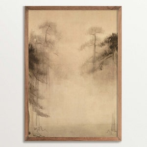 Stampa di alberi vintage, arte murale Wabi Sabi, schizzo di un pino, arte murale minimalista