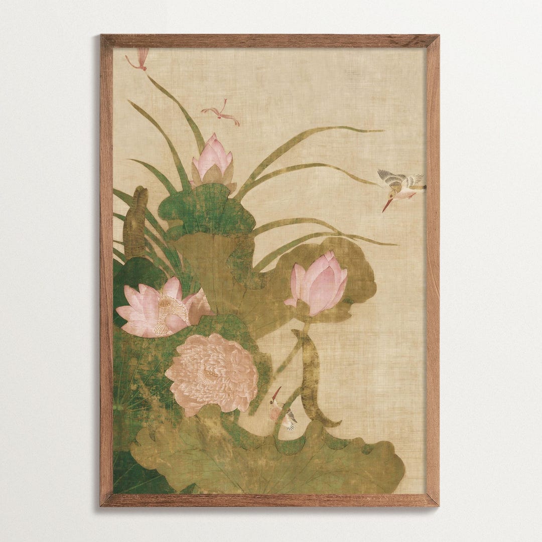 Chinoiserie Lotus Wall Art Print – Antique Botanical Poster With Birds ...