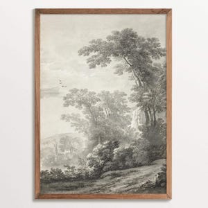 Vintage Tree Landscape Art Print, Antique Nature Sketch, Historical Woodland Wall Decor, Black and White Botanical Art, Neutral Gift Print