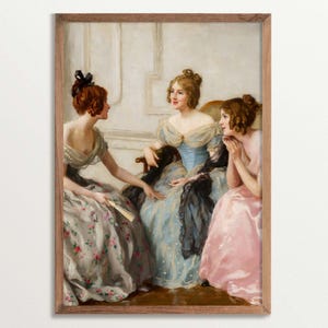 Vintage portrait print showing three women gossiping. Two women are sitting on a sofa on the left and listening to the third woman on the right. All of them are wearing Victorian dresses and have their hair in chic updos.