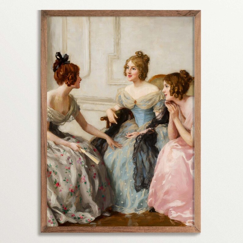 Vintage portrait print showing three women gossiping. Two women are sitting on a sofa on the left and listening to the third woman on the right. All of them are wearing Victorian dresses and have their hair in chic updos.