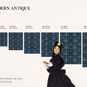 May include: A print size guide for a blue and white patterned wallpaper design. The guide shows different sizes of the wallpaper, ranging from 8x10 inches to 28x40 inches. The cropping of the artwork can vary depending on the print size.