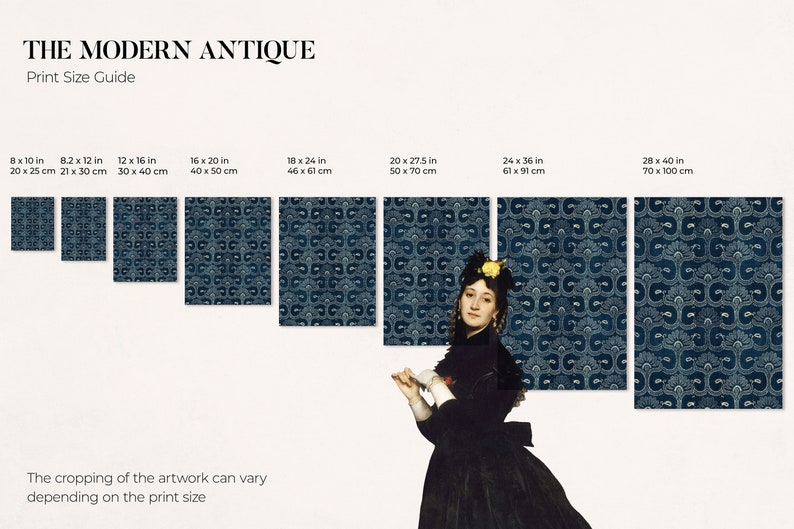 May include: A print size guide for a blue and white patterned wallpaper design. The guide shows different sizes of the wallpaper, ranging from 8x10 inches to 28x40 inches. The cropping of the artwork can vary depending on the print size.