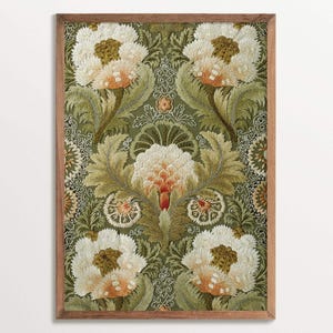 Vintage Textile Art Print – Silk Embroidery with Flowers and Leaves | Floral Pattern Art Print | Vintage Boho Decor