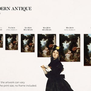 May include: A print size guide for a painting of a woman in a garden setting. The guide shows different print sizes in inches and centimeters. The painting features a woman in a black dress standing in front of a painting of a woman in a garden setting. The painting is titled "The Modern Antique".