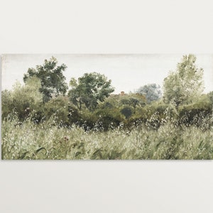 A panoramic vintage landscape painting of a wildflower meadow with lush grasses and tall trees in muted green tones, set under a hazy sky. The organic brushwork and soft texture evoke a peaceful, Wabi Sabi mood, ideal for Japandi interiors and calming wall decor.