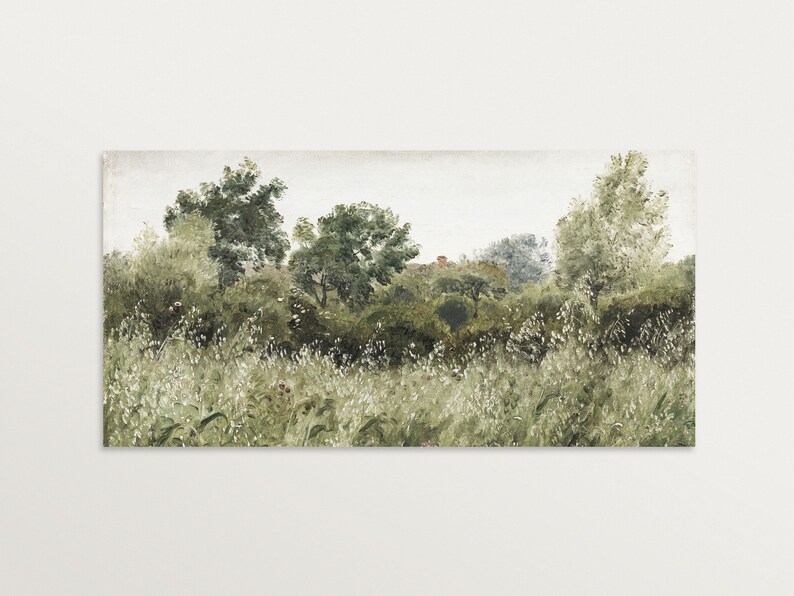 A panoramic vintage landscape painting of a wildflower meadow with lush grasses and tall trees in muted green tones, set under a hazy sky. The organic brushwork and soft texture evoke a peaceful, Wabi Sabi mood, ideal for Japandi interiors and calming wall decor.