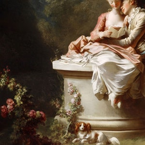 May include: A painting of a couple sitting on a stone pedestal in a garden setting. The woman is wearing a pink dress and the man is wearing a white shirt and a brown jacket. They are reading a letter together. A small white dog is sitting in the grass below them.