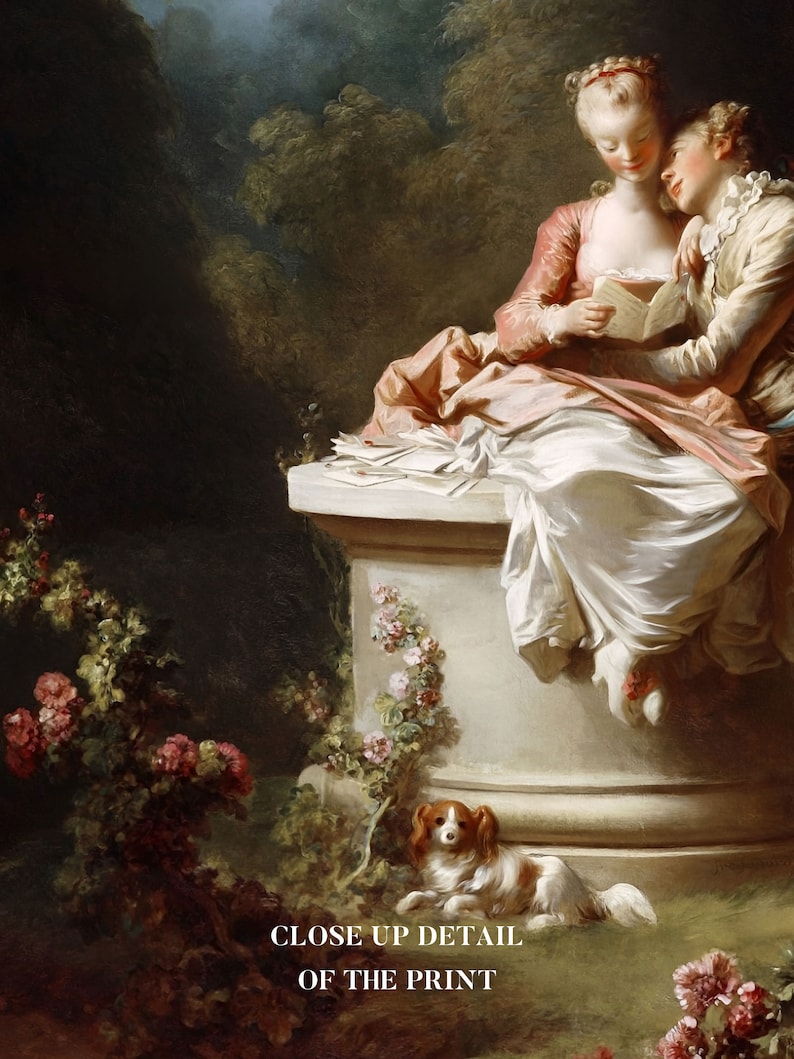 May include: A painting of a couple sitting on a stone pedestal in a garden setting. The woman is wearing a pink dress and the man is wearing a white shirt and a brown jacket. They are reading a letter together. A small white dog is sitting in the grass below them.