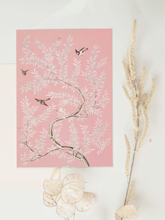 Pink Chinoiserie Wall Art, Grandmillenial Decor, Vintage Asian Art