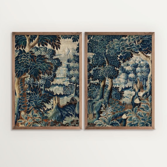 Verdure Tapestry Art Print Set of Two, Vintage Textile Wall Art, Moody Woodland Diptych, Antique Style Decor, Forest Landscape
