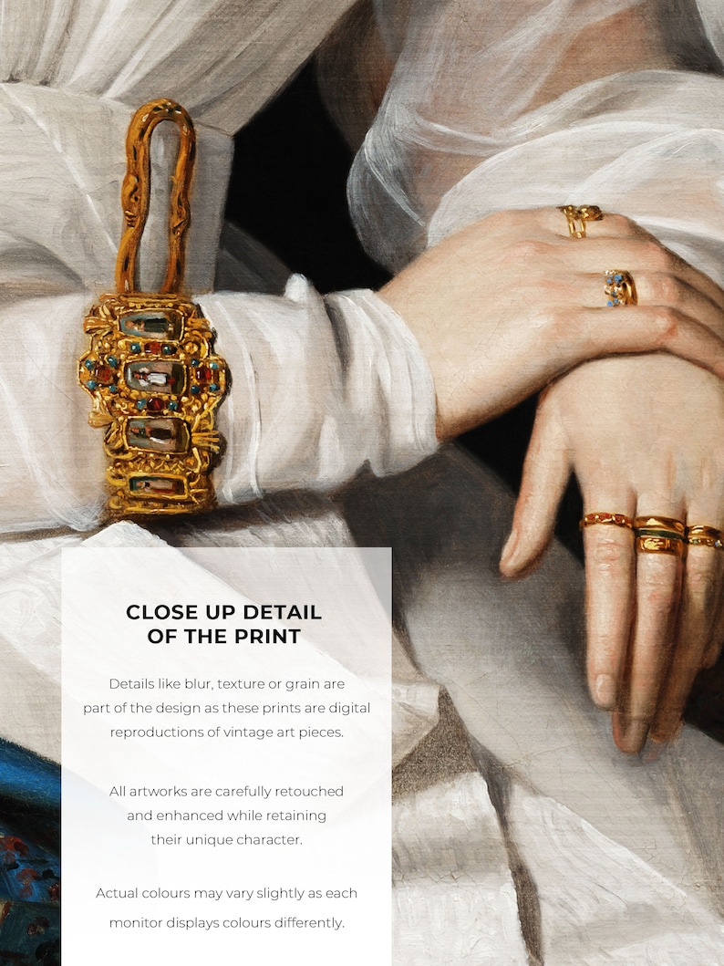 K&ouml;nnte beinhalten: Nahaufnahme eines Vintage-Kunstdrucks, der eine Frauenhand mit goldenen Ringen zeigt. Der Text auf dem Druck lautet "Nahaufnahme des Drucks. Details wie Unsch&auml;rfe, Textur oder K&ouml;rnung sind Teil des Designs, da diese Drucke digitale Reproduktionen von Vintage-Kunstwerken sind. Alle Kunstwerke werden sorgf&auml;ltig retuschiert und verbessert, wobei ihr einzigartiger Charakter erhalten bleibt. Die tats&auml;chlichen Farben k&ouml;nnen leicht abweichen, da jeder Monitor Farben unterschiedlich darstellt."