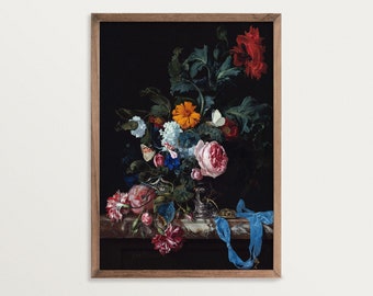 Dark Flower Still Life Art Print | Bouquet Print | Antique Oil Painting Print