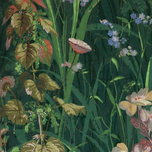 Detailed close-up of the vintage wildflower artwork showing delicate brushstrokes of pink and purple blossoms, fine leaves, and textured green background.