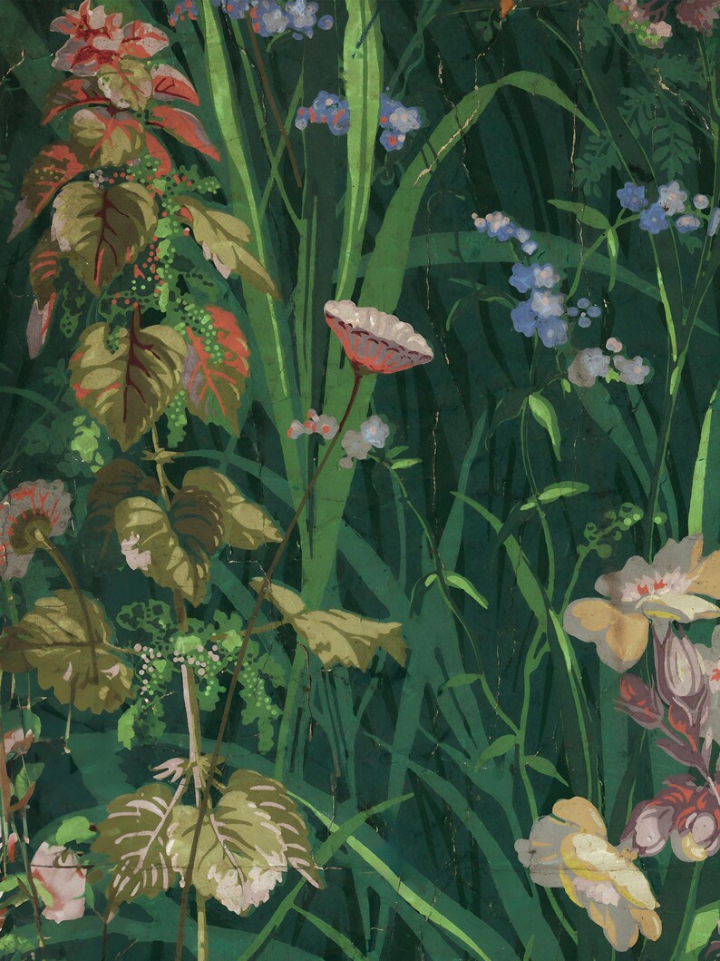 Detailed close-up of the vintage wildflower artwork showing delicate brushstrokes of pink and purple blossoms, fine leaves, and textured green background.
