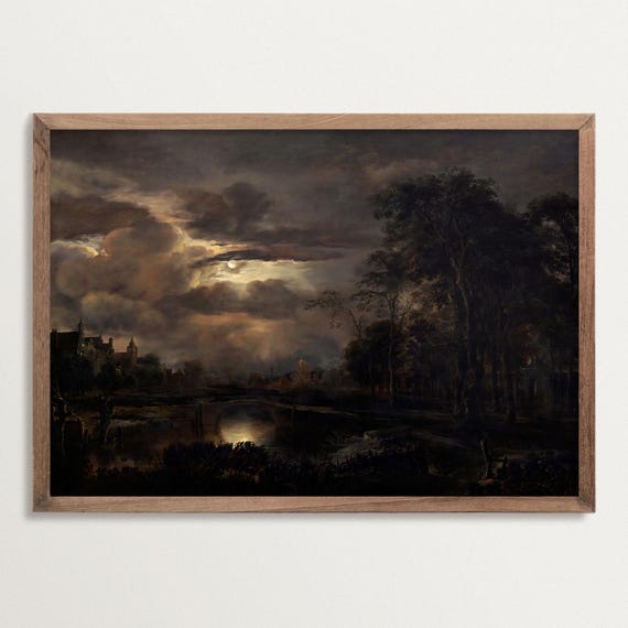 Moody Landscape Art Print – Dark Academia Wall Decor, Night Scene, Gothic River Landscape, Antique Old Master Painting Print