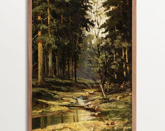 Stimmungsvolle Landschaftsdruck, Vintage Waldmalerei, Cottagecore Dekor