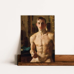 Puede incluir: Una pintura de un hombre con el pecho desnudo y una expresi&oacute;n seria. Est&aacute; de pie en una habitaci&oacute;n con un espejo detr&aacute;s de &eacute;l. La pintura est&aacute; realizada en un estilo realista con colores c&aacute;lidos.