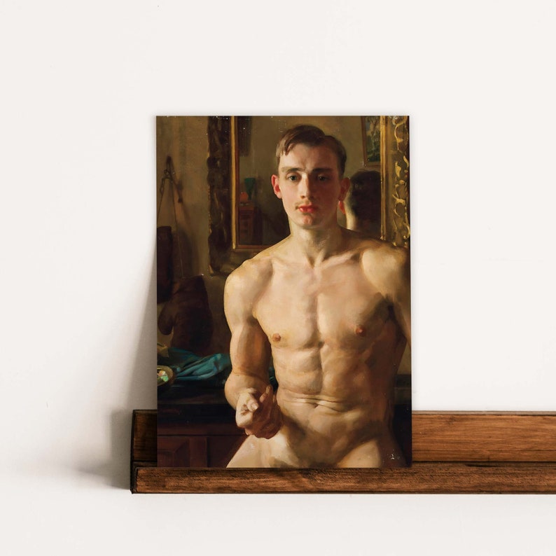 Puede incluir: Una pintura de un hombre con el pecho desnudo y una expresi&oacute;n seria. Est&aacute; de pie en una habitaci&oacute;n con un espejo detr&aacute;s de &eacute;l. La pintura est&aacute; realizada en un estilo realista con colores c&aacute;lidos.