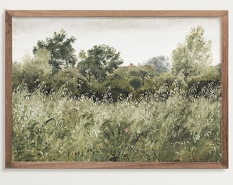 Vintage Meadow Landscape Art Print – French Country Wall Decor with Trees and Wildflowers, Soft Cottagecore Nature Poster