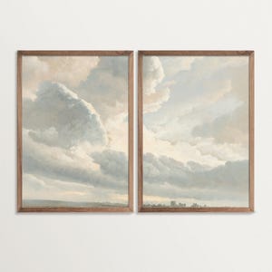 Cloud Wall Art Set of Two – Vintage Sky Painting Prints, Cloud Art Print Diptych for Bedroom or Living Room, Serene Landscape Artwork
