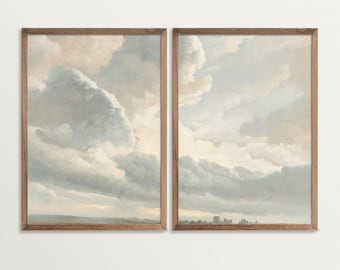 Cloud Wall Art Set of Two – Vintage Sky Painting Prints, Cloud Art Print Diptych for Bedroom or Living Room, Serene Landscape Artwork