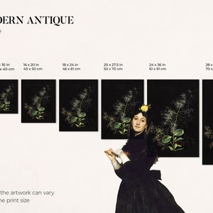 May include: A print size guide for a vintage style image of a woman in a black dress with a yellow flower in her hair, standing in front of a black background with a green plant. The guide shows different print sizes in inches and centimetres.