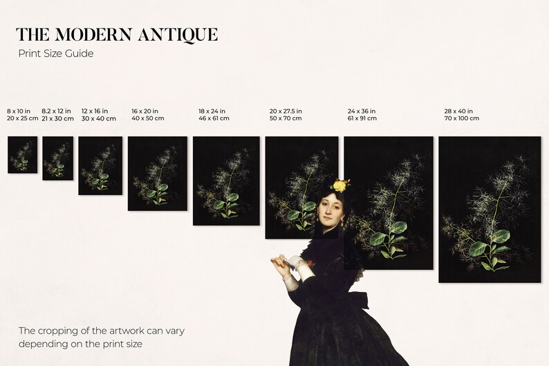 May include: A print size guide for a vintage style image of a woman in a black dress with a yellow flower in her hair, standing in front of a black background with a green plant. The guide shows different print sizes in inches and centimetres.