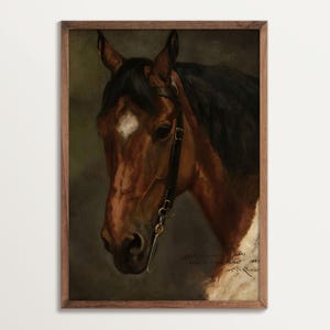 Könnte beinhalten: Gerahmtes Vintage-Porträt eines Pferdes. Das Gemälde zeigt ein braunes Pferd mit schwarzer Mähne und einem weißen Stern auf der Stirn. Das Pferd trägt einen Zaum. Das Kunstwerk befindet sich in einem dunklen Holzrahmen.