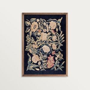 May include: A rectangular wall art piece featuring a dark navy blue background with an intricate floral pattern in shades of cream, beige, muted pink, and sage green. The artwork is enclosed in a simple, thin wooden frame with a natural finish.