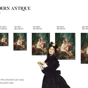 May include: A print size guide for art prints featuring a painting of a woman in a bath with a cherub. The guide shows different print sizes in inches and centimeters. The cropping of the artwork can vary depending on the print size.