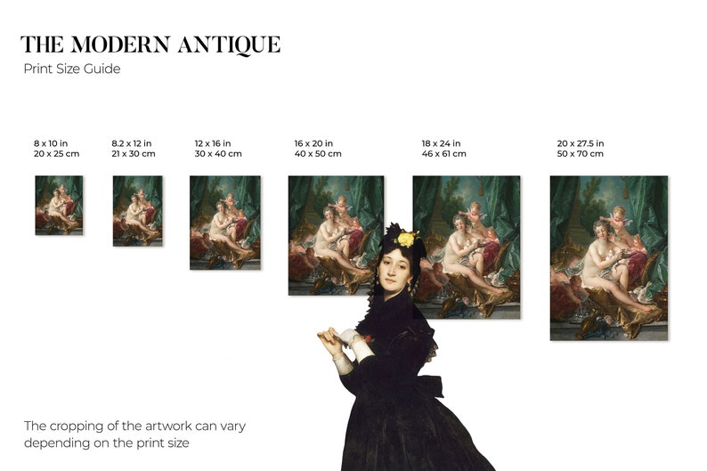 May include: A print size guide for art prints featuring a painting of a woman in a bath with a cherub. The guide shows different print sizes in inches and centimeters. The cropping of the artwork can vary depending on the print size.