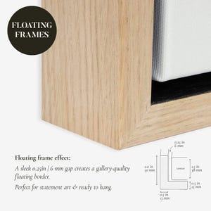 Close-up of a floating frame canvas, showing a 0.25-inch (6mm) sleek gap that creates a gallery-quality floating effect, with natural wood frame detail. Ideal for statement art and ready to hang.