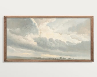 Panoramic Clouds Wall Art – Antique Landscape Sky Print, Large Horizontal Cloudscape Painting Poster, Vintage Nature Decor, Sunset Sky Scene