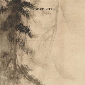 Close-up of a Japanese sumi-e ink painting on canvas, highlighting delicate pine tree brushstrokes in soft black ink on a warm beige background. The fine details of the textured paper effect emphasize the traditional Zen-inspired artistry.