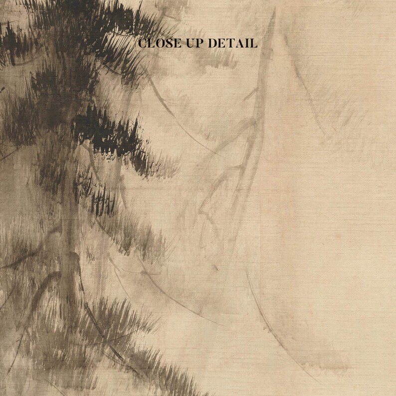 Close-up of a Japanese sumi-e ink painting on canvas, highlighting delicate pine tree brushstrokes in soft black ink on a warm beige background. The fine details of the textured paper effect emphasize the traditional Zen-inspired artistry.