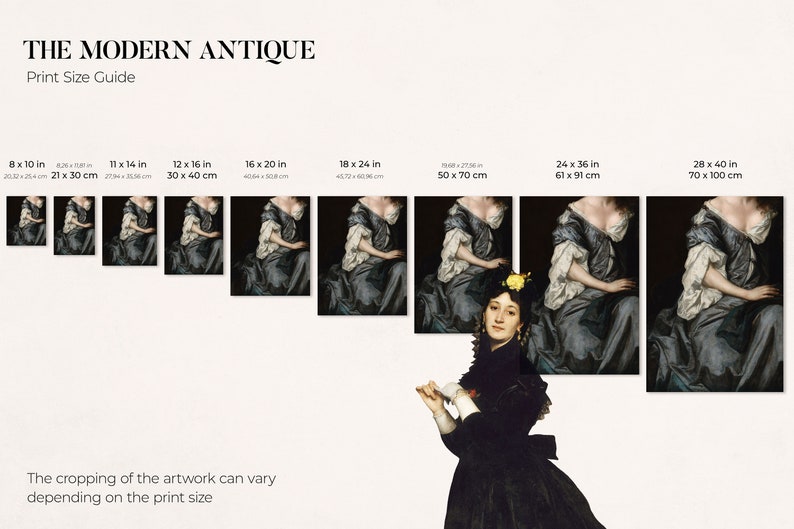 Print size guide displaying various format options for the art print. Each size shows how the artwork’s cropping changes, helping visualize proportions for wall art display.