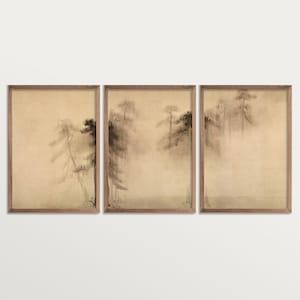 Set di 3 trittici da parete con schizzi di pini vintage, arte da parete Wabi Sabi, decorazioni per la casa ispirate alla natura