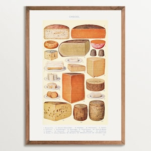 Carte des fromages vintage - Décoration Cottage France | Art mural cuisine, art culinaire, diagramme de fromages antique, décoration de cuisine de ferme