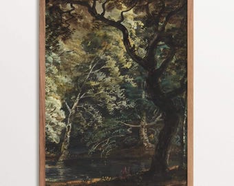 Moody Woodland Art Print, Dark Forest Landscape Wall Decor, Vintage Nature-Inspired Artwork