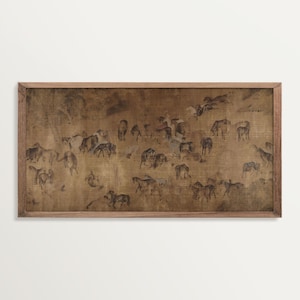 May include: A framed artwork depicting a sepia-toned illustration of horses in a field. The horses are shown in different poses, some grazing and others standing. The artwork is enclosed in a light brown wooden frame.