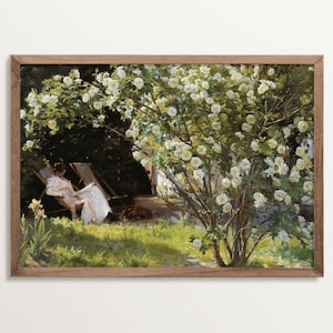 Stampa artistica "Donna che legge" di Light Academia, decorazione Cottagecore, stampa da giardino vintage