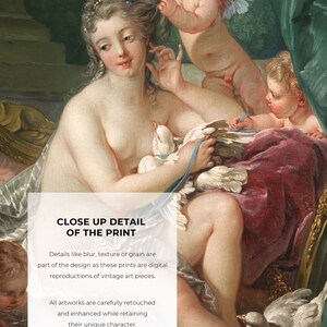 May include: A vintage art print featuring a woman with a white dove in her lap, surrounded by two cherubs. The print has a soft, romantic feel and is a beautiful example of classical art.